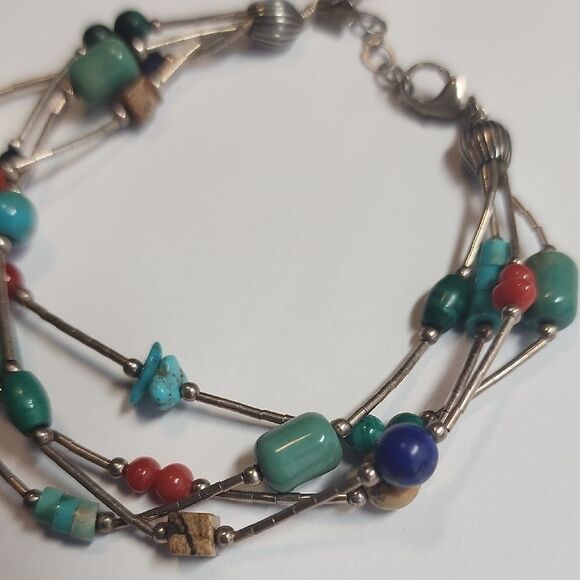 SILPADA Sterling Silver 925 Lapis Turquoise Jasper Coral Seed Bead Bracelet - Picture 3 of 5